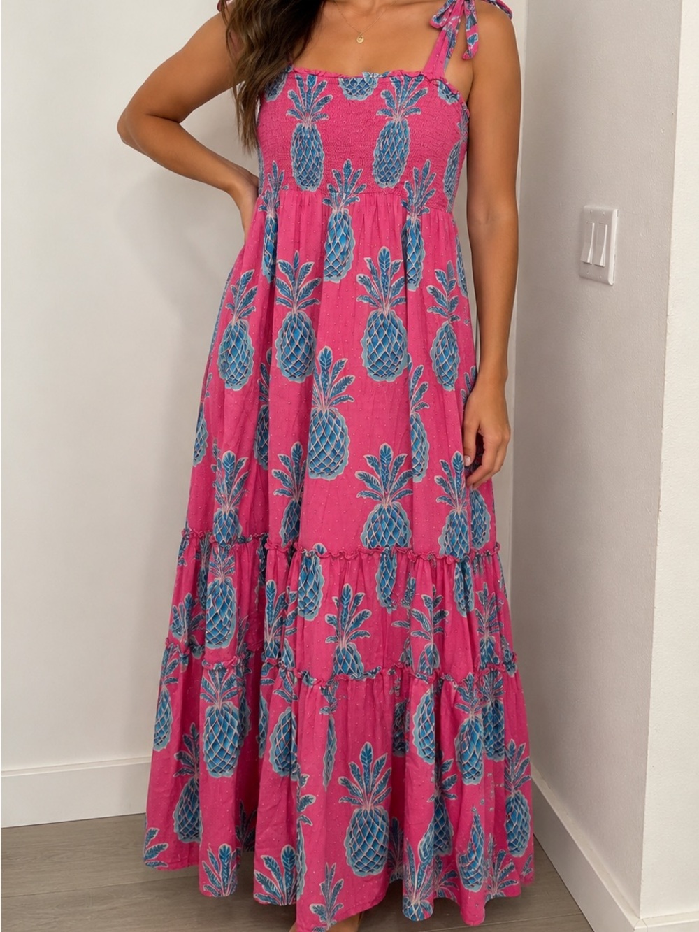 crown & ivy Hot Pink Maxi Dress with Teal Pineapple Print